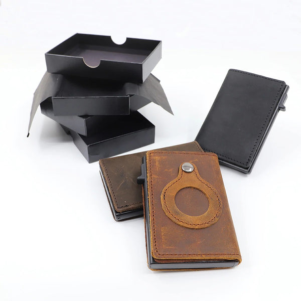 "Genuine Leather Minimalist Wallet with AirTag Holder and RFID Protection